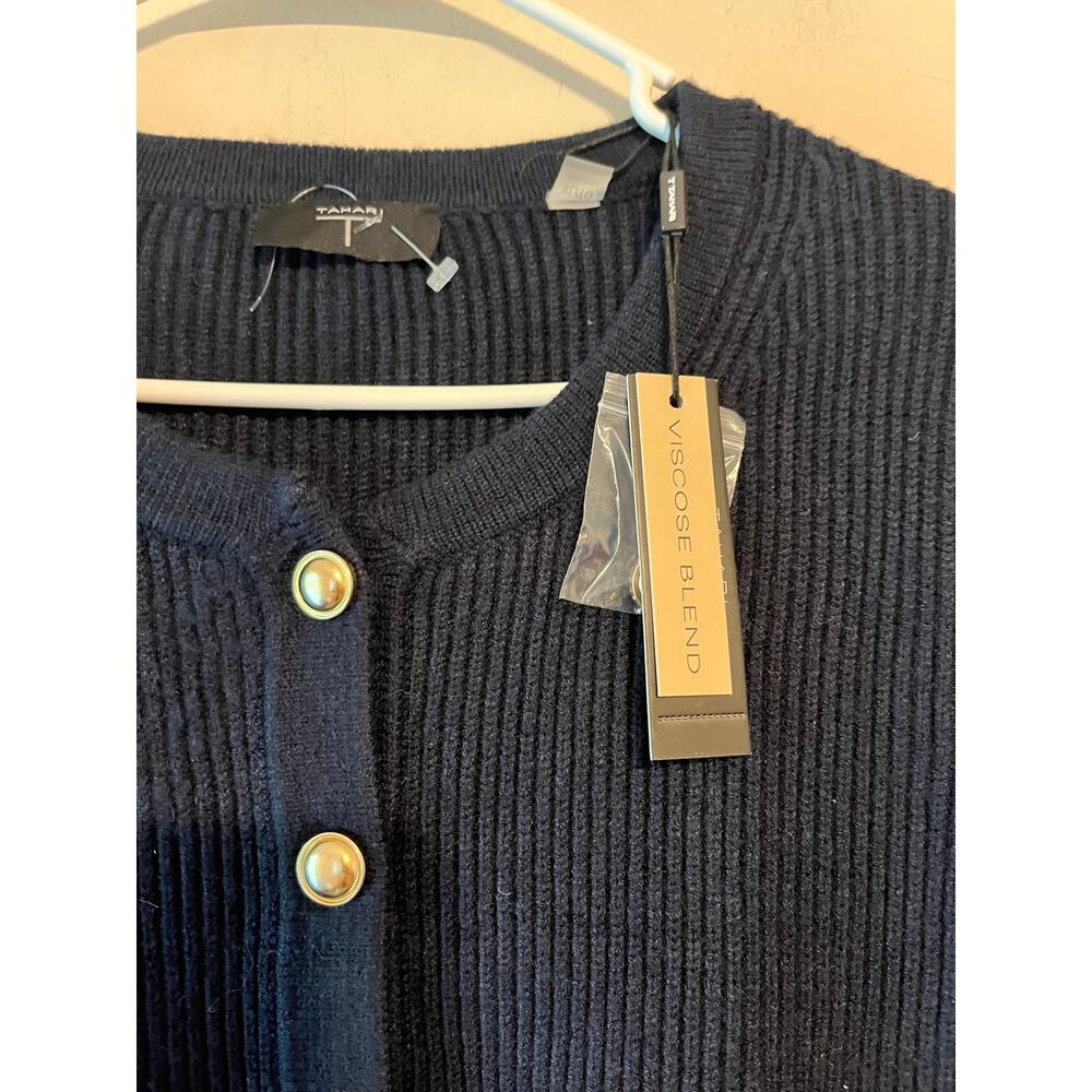 T Tahari Chunky Knit Navy Blue Cardigan Sweater Academia Preppy Nautical Size XL - Picture 5 of 7
